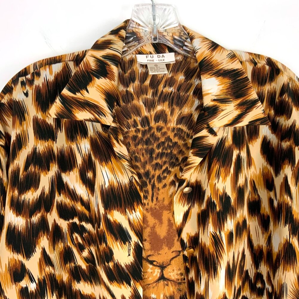 Vintage Fu Da Silk Animal Leopard Tiger Print & Face Blouse Sz M - Picture 11 of 16